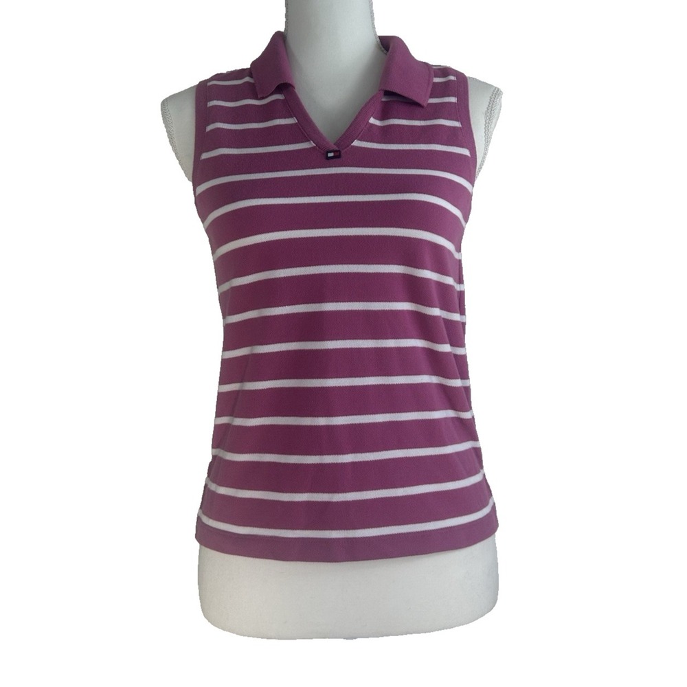 Tommy Jeans Striped Sleeveless Polo Shirt Fuchsia White Sz M